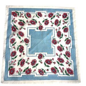 Cotton handkerchief hankie 13 in. by 12-1/4 in. White, Blue with Pink Flowers